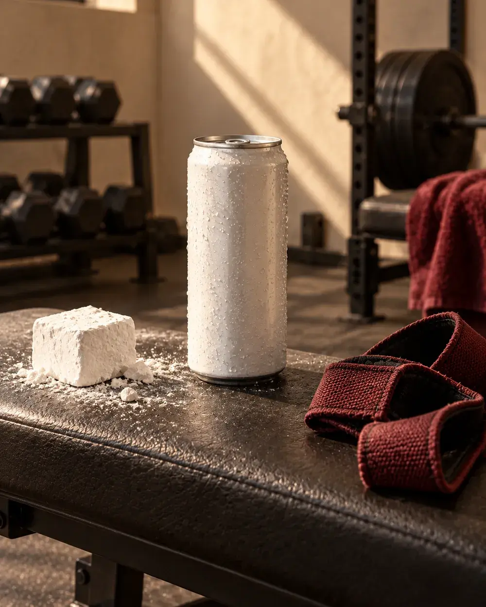 A cold plain white can on a gym bench beside chalk