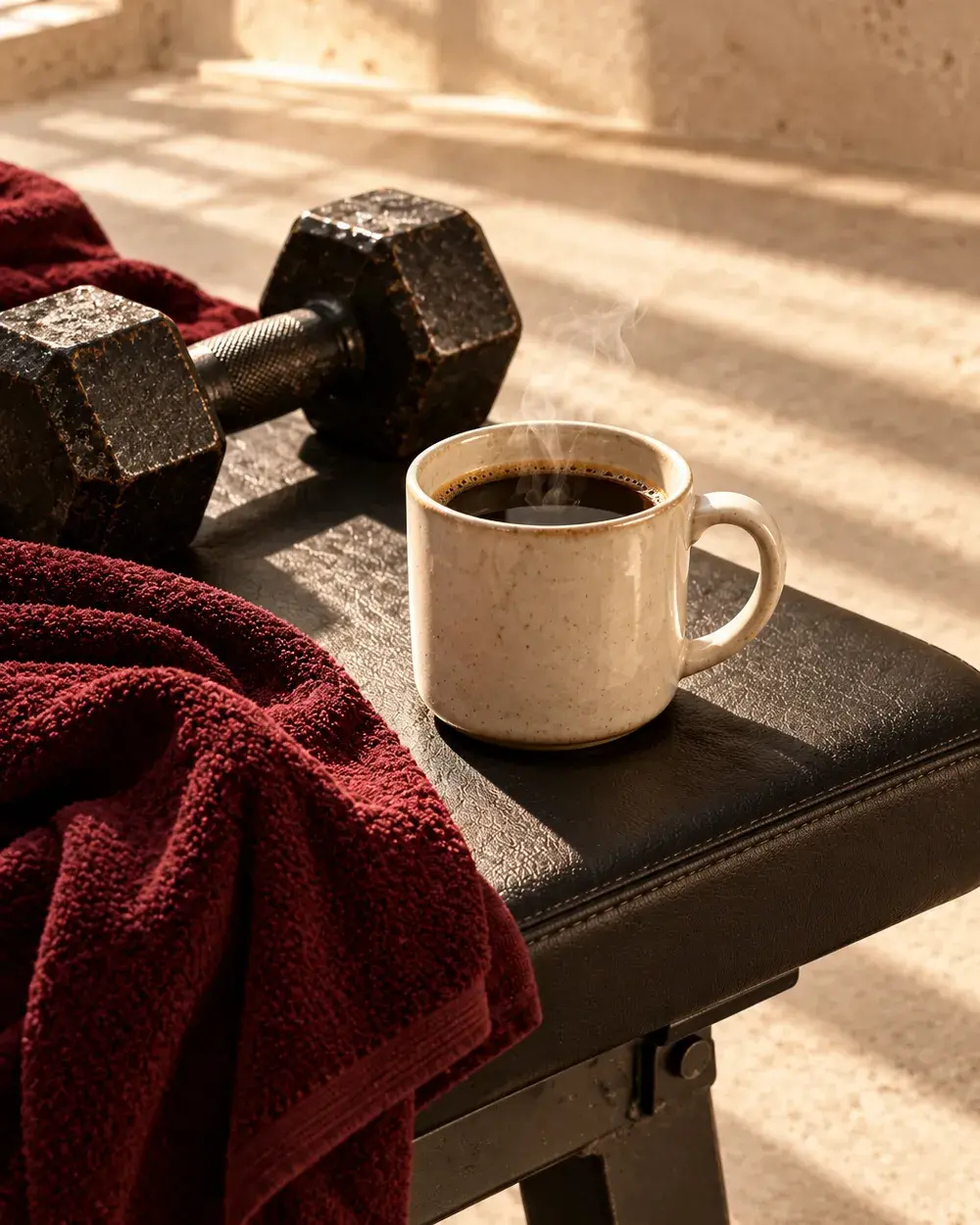 A mug of black coffee on a gym bench
