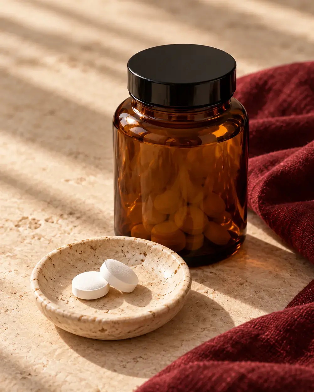 Two white caffeine tablets on a stone dish