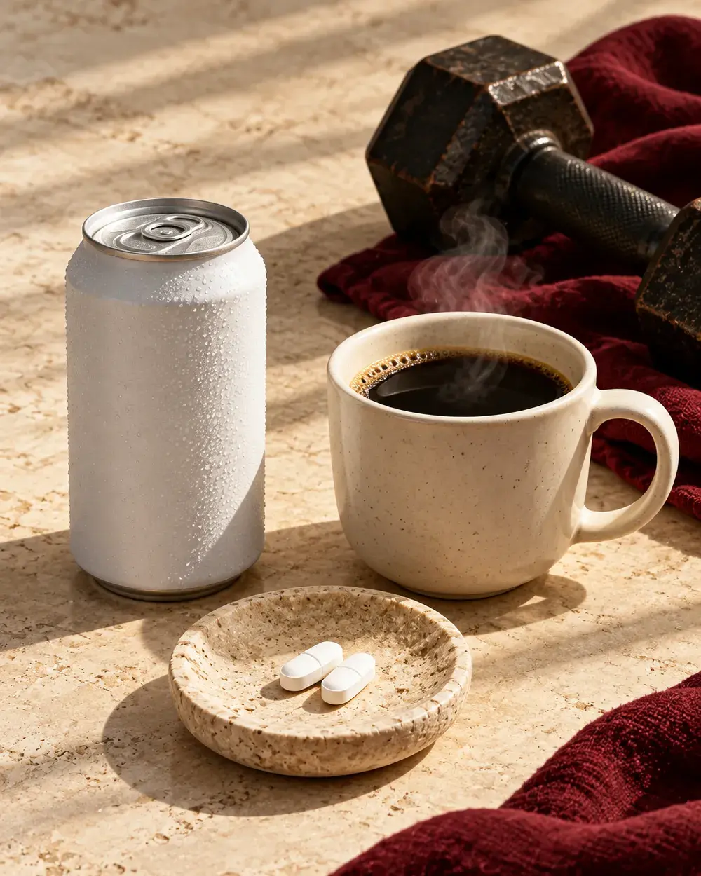 A plain white can, a mug of black coffee and two caffeine tablets