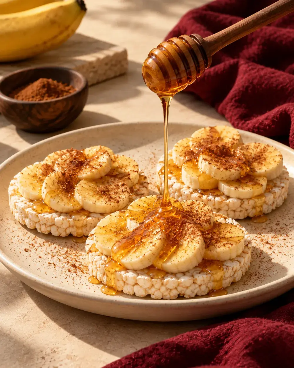 Rice cakes topped with banana, honey drizzling over, a dust of cinnamon