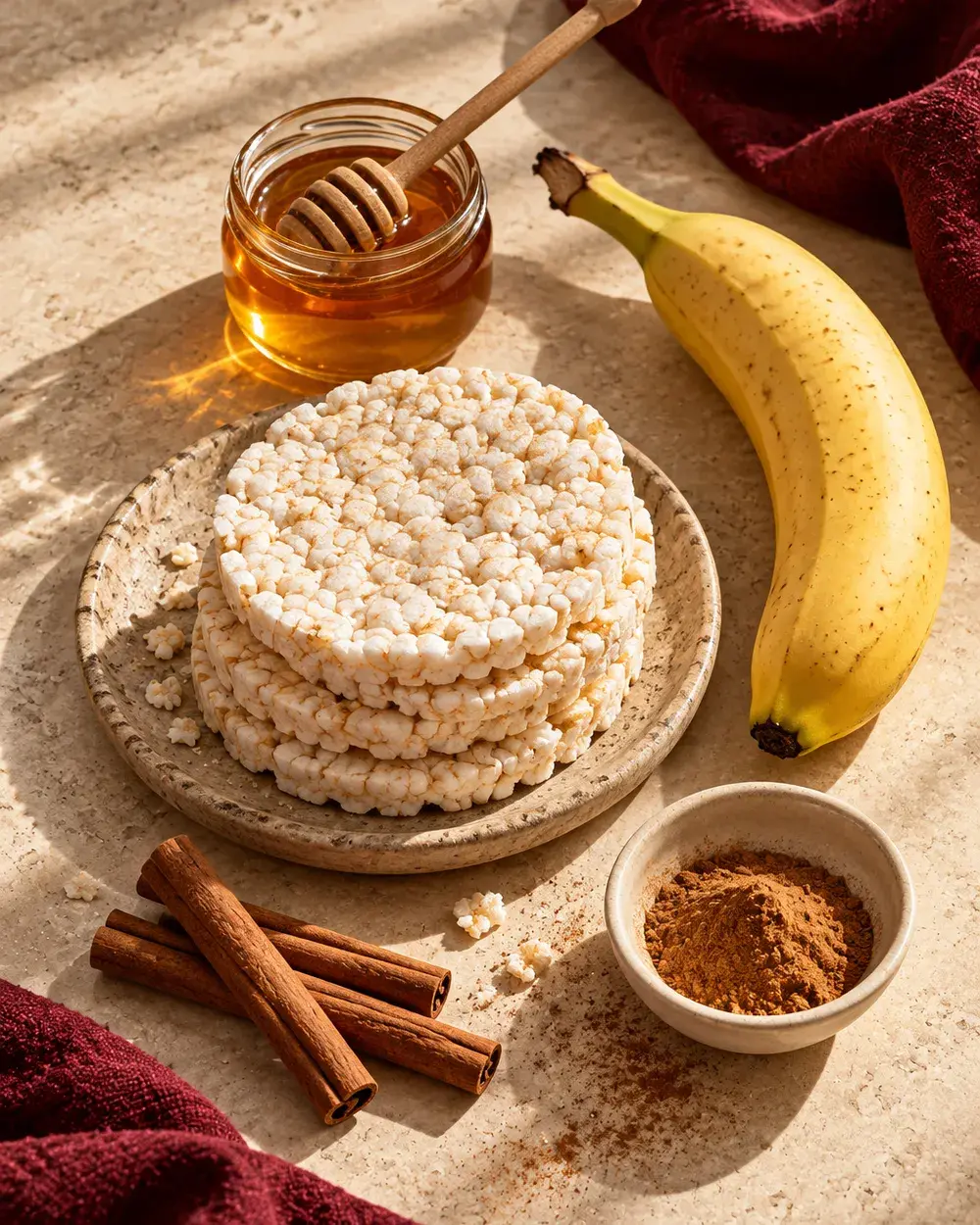 Rice cakes, a banana, a honey jar and cinnamon laid out