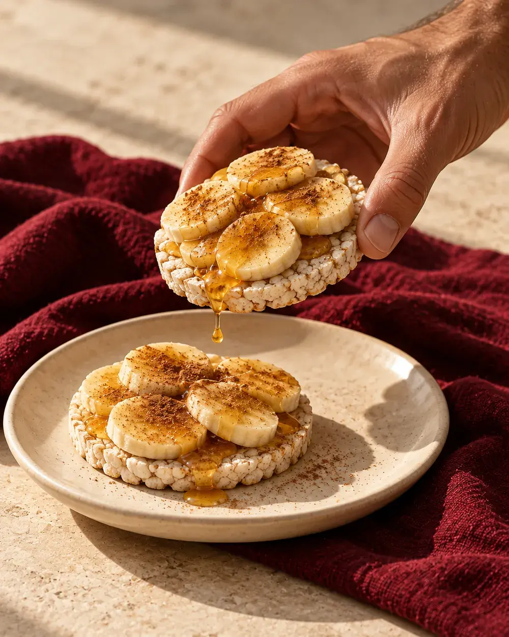 A hand lifting a topped rice cake off the plate
