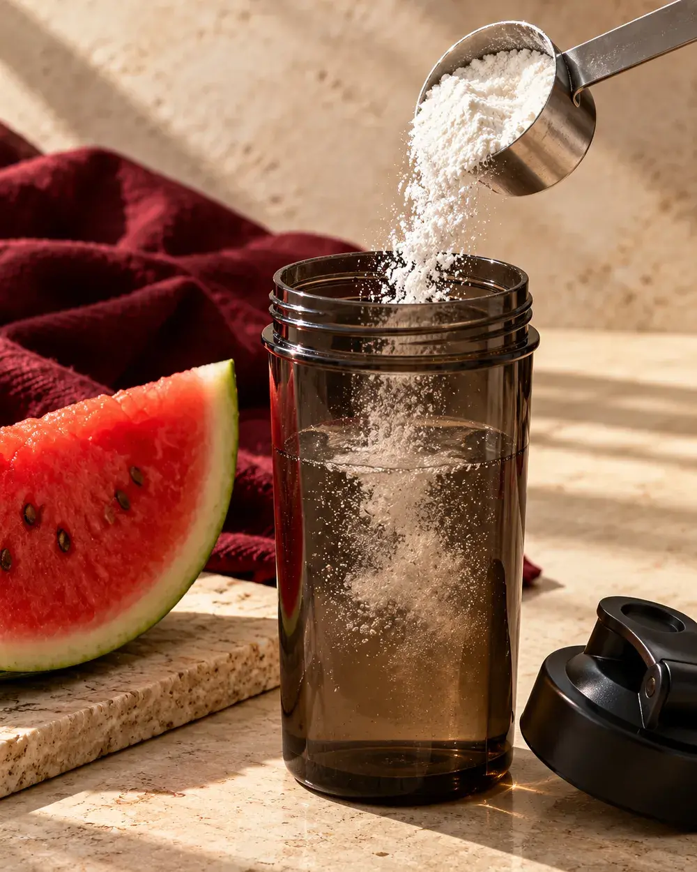 A scoop of citrulline going into a shaker beside watermelon