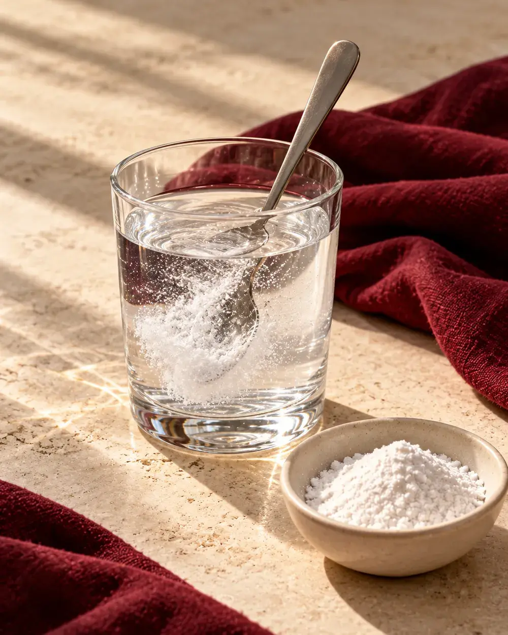 Creatine dissolving in a glass of water