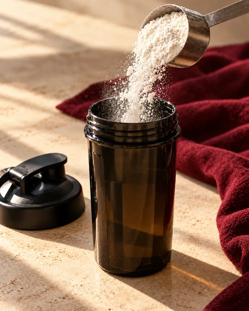 A scoop of creatine tipping into a shaker