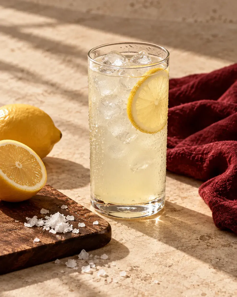 A tall glass of the lemon electrolyte drink over ice