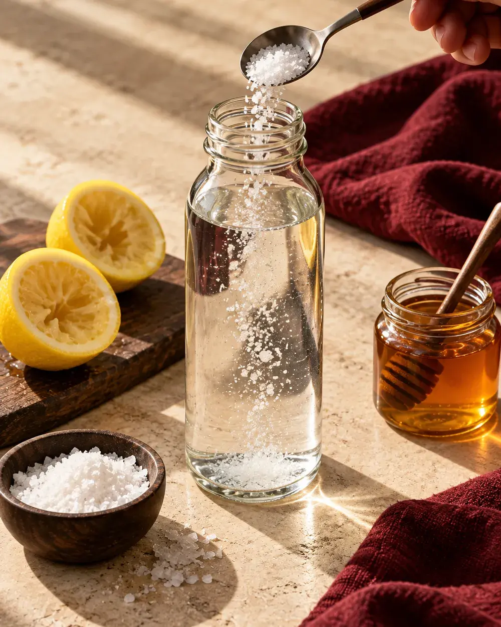 Salt going into a bottle of water with lemon and honey