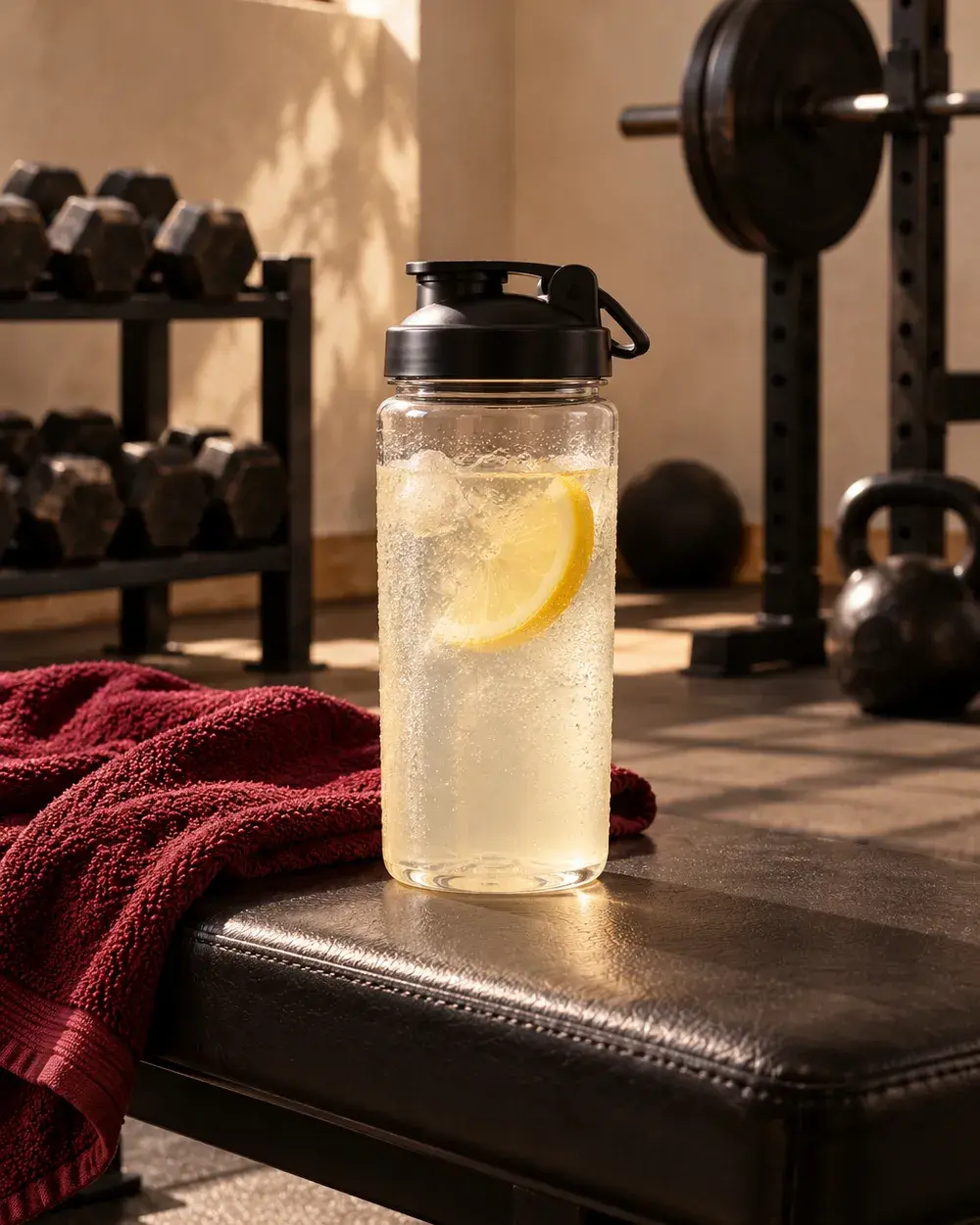 A shaker of the salt mix on a gym bench