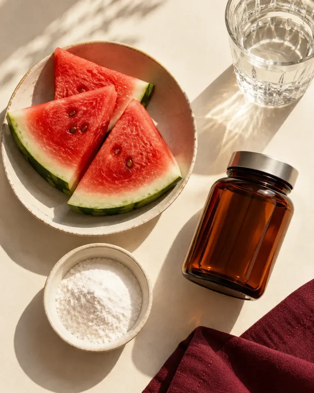 Watermelon wedges, a bowl of citrulline powder and an amber jar