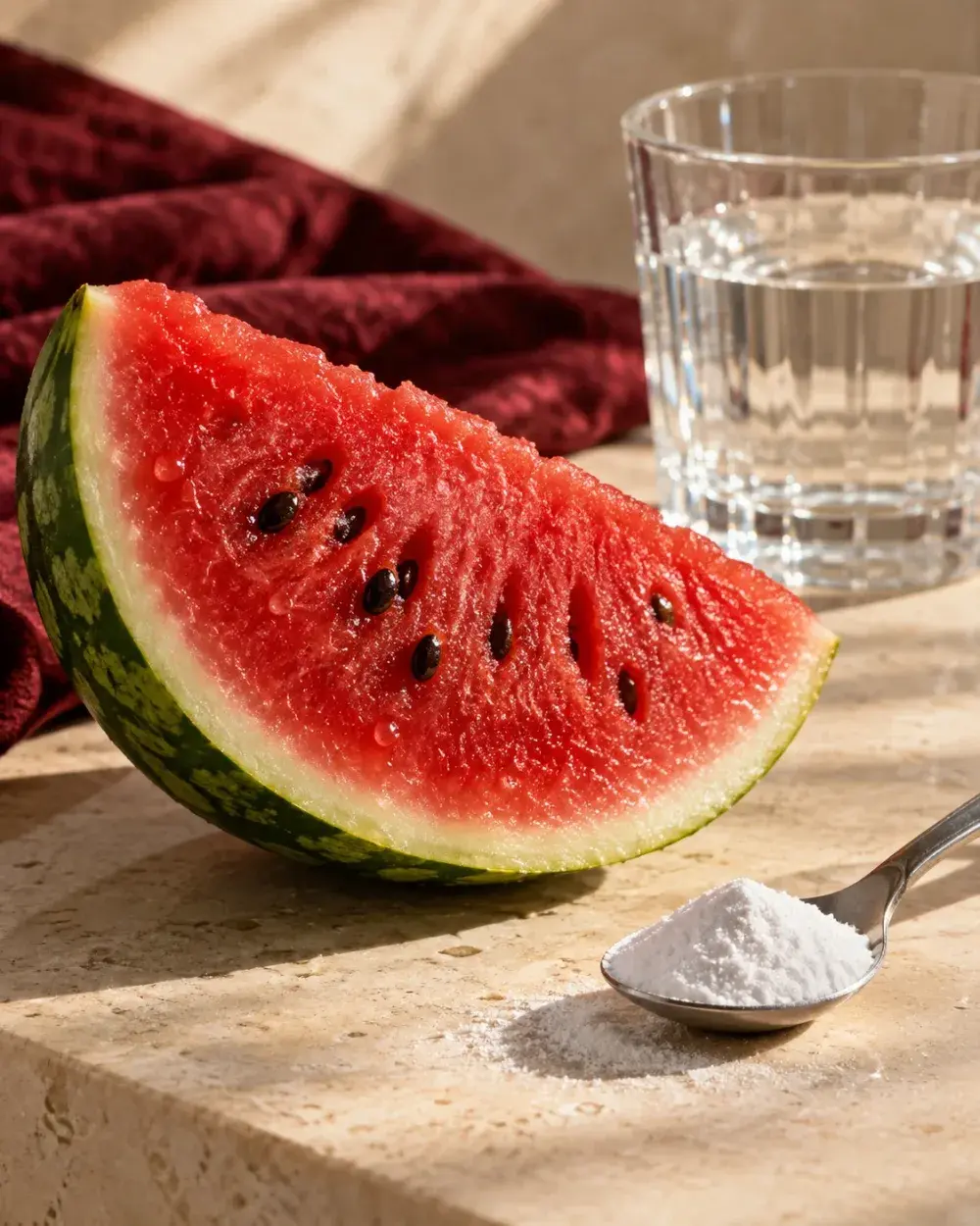 A watermelon slice beside a spoon of citrulline powder and a glass of water