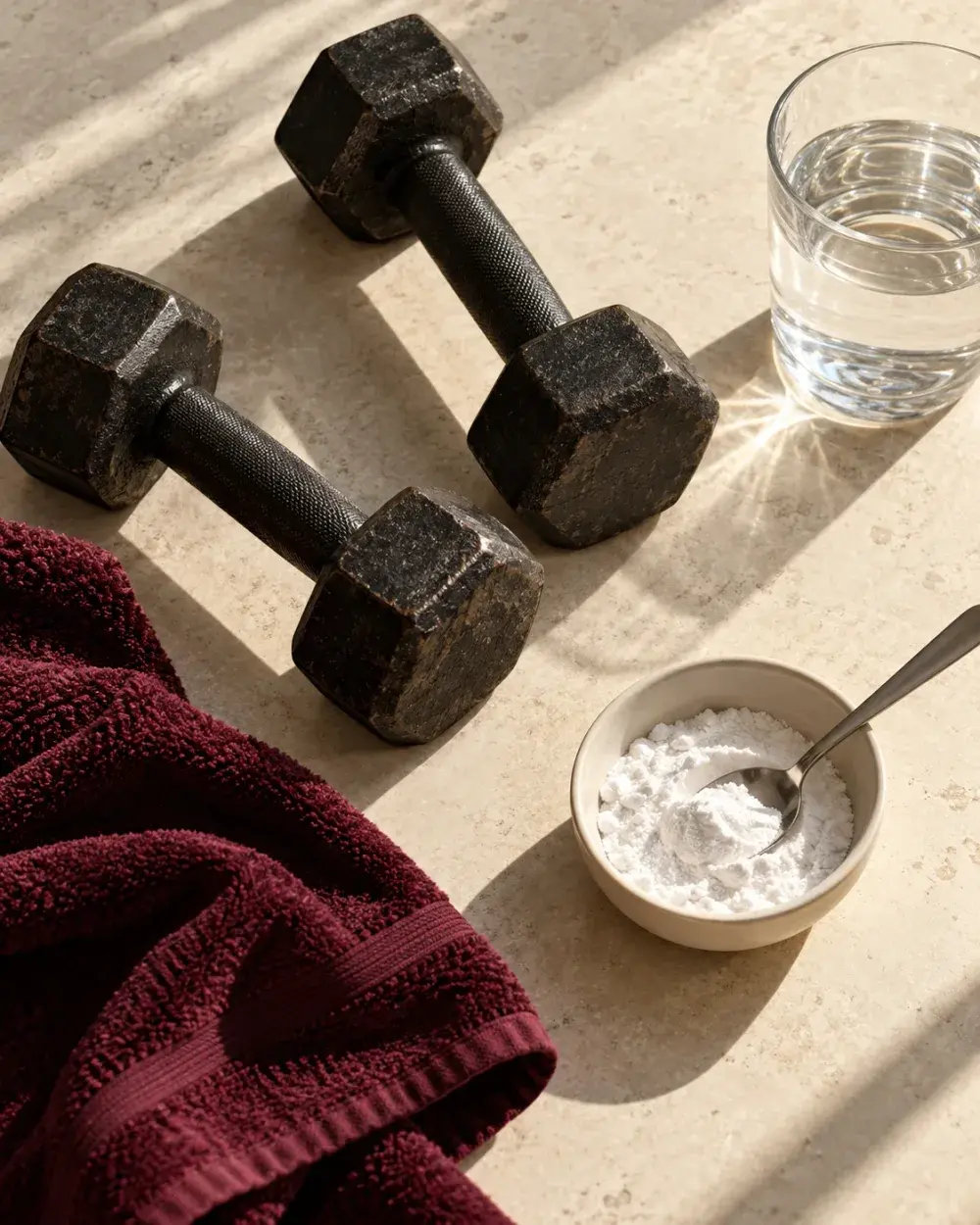 Two hex dumbbells, a glass of water and a bowl of creatine powder