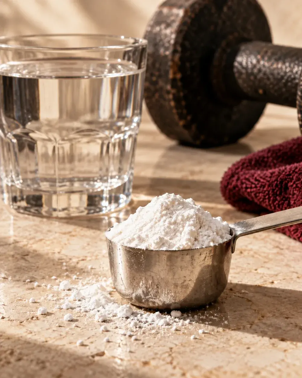 A heaped scoop of creatine monohydrate in front of a dumbbell