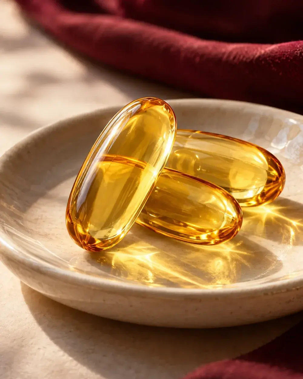 Three vitamin D3 softgels on a stoneware dish