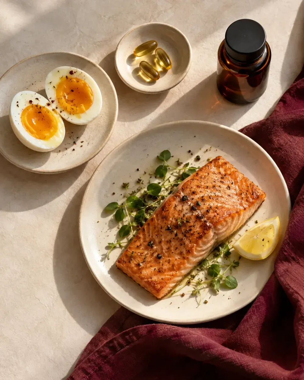 Salmon, soft-boiled eggs and vitamin D3 softgels by an amber bottle