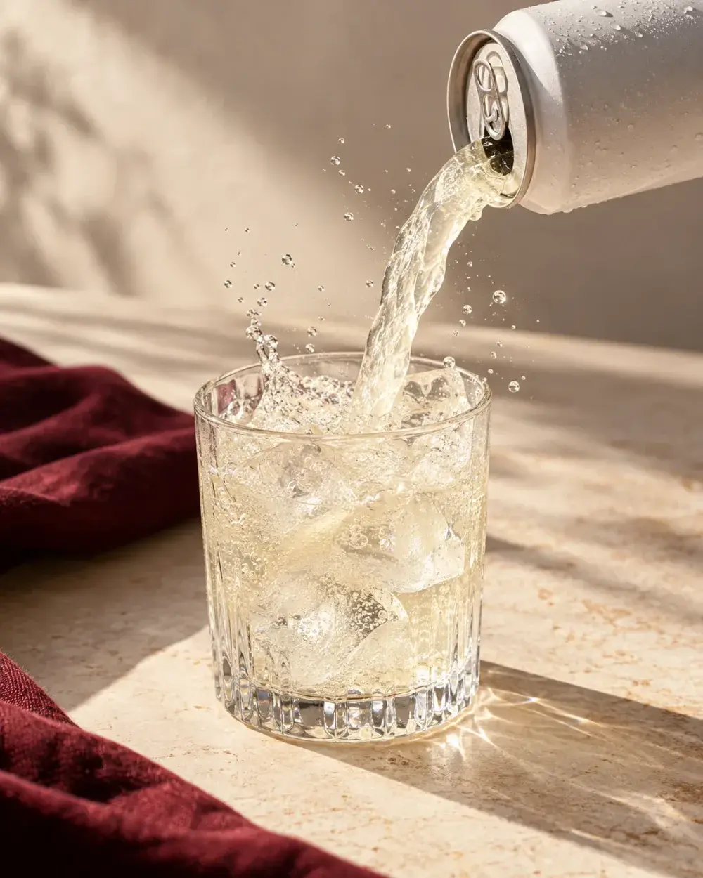 A white energy drink can pouring over ice