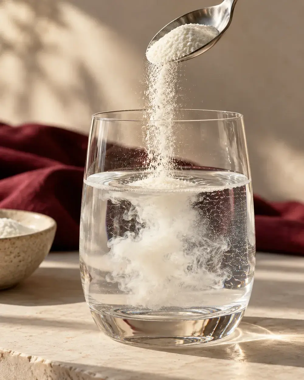 Citrulline powder pouring from a spoon into a glass of water