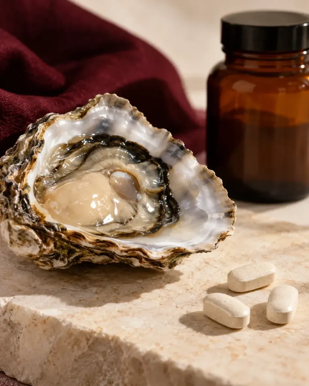 An oyster on travertine beside zinc tablets and an amber bottle