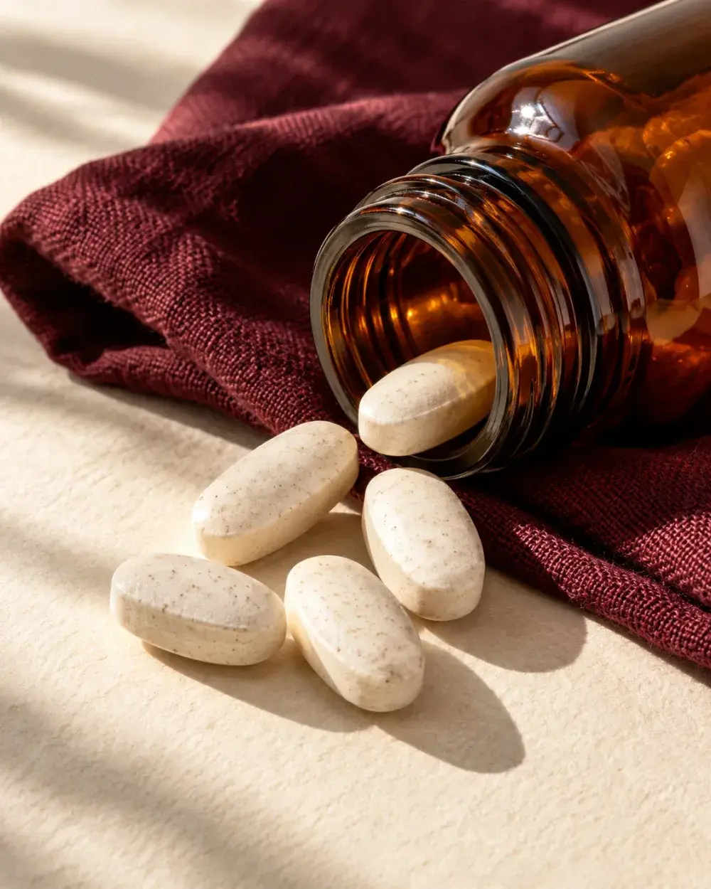 Zinc tablets spilling from an amber bottle onto burgundy linen