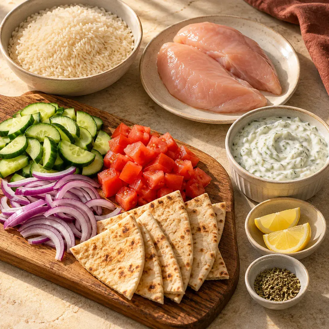 Greek Bowl: the ingredients laid out