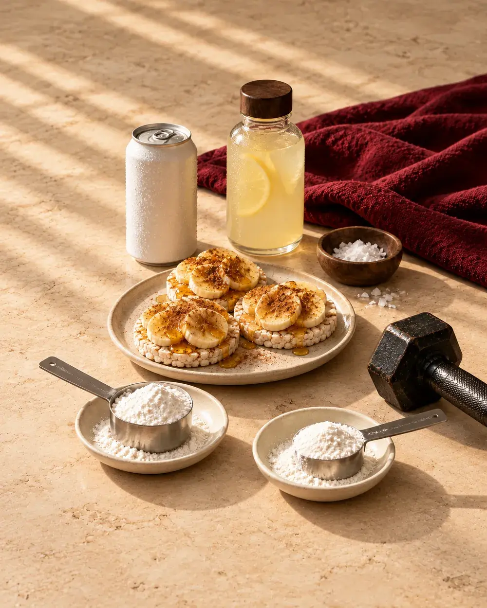 The pre-workout formula laid out: rice cakes with banana and honey, a white can, an electrolyte drink and two scoops of powder