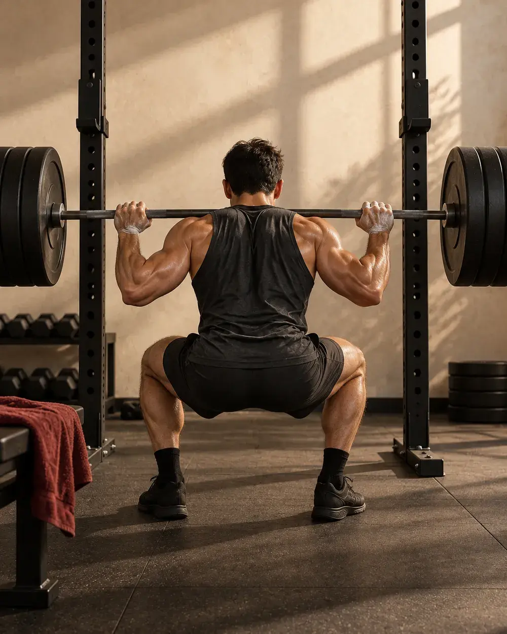 Mid-set under a barbell, seen from behind