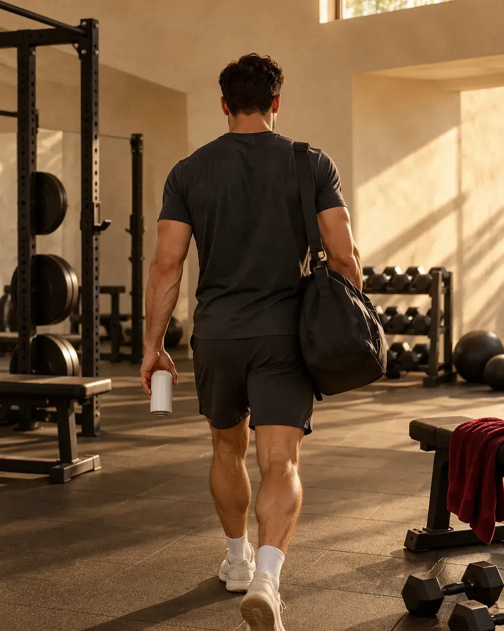 Walking into the gym, white can in hand