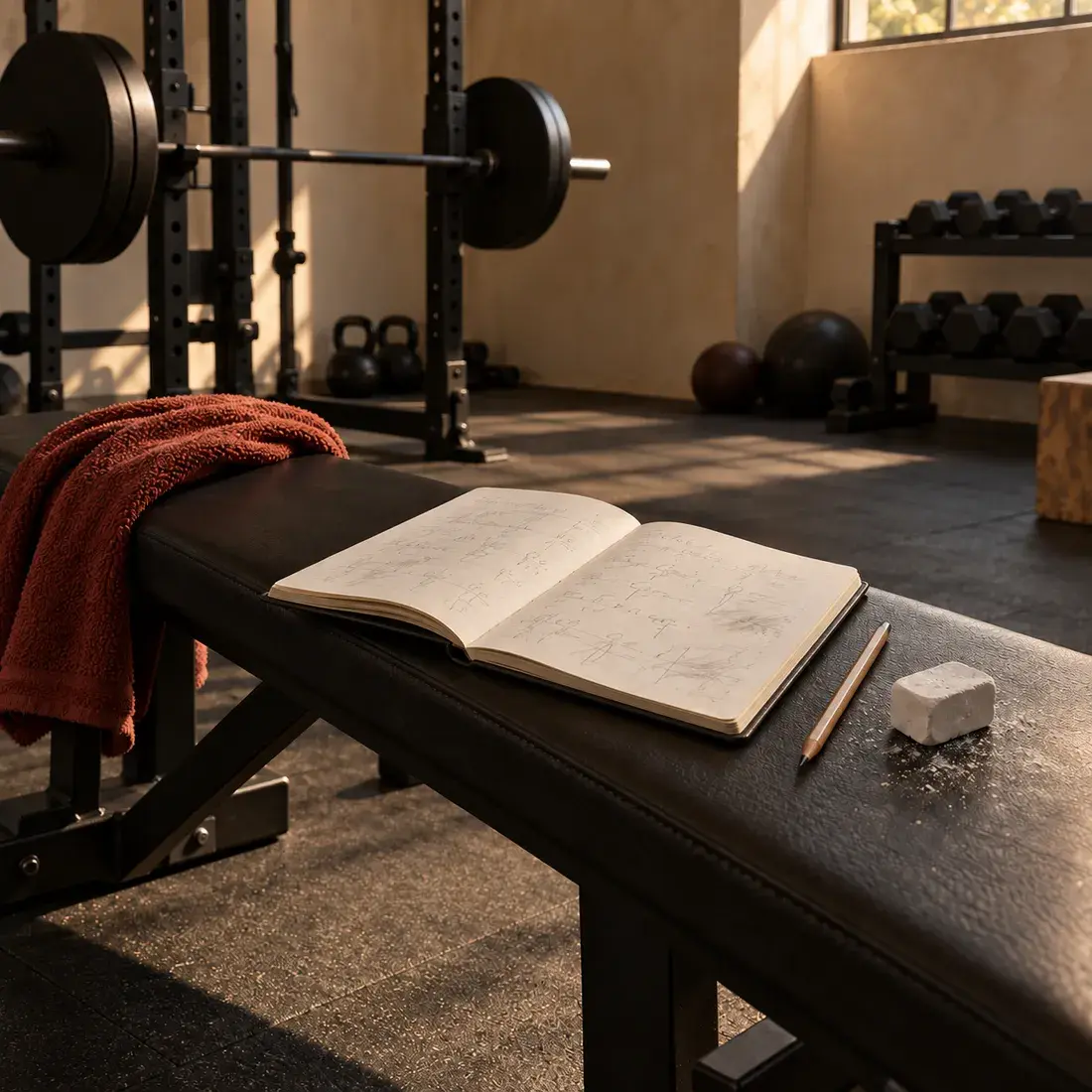 A training log, open beside chalk and a pen