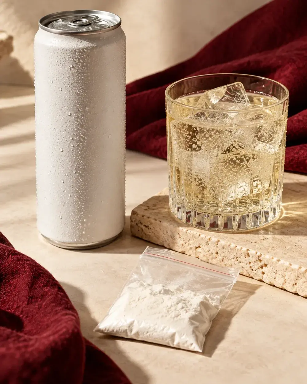 A white can, an iced drink and a small bag of white powder