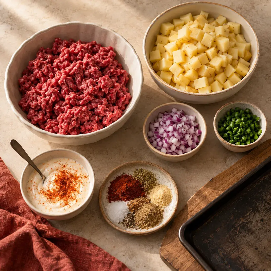 Taco Beef Bowl: the ingredients laid out